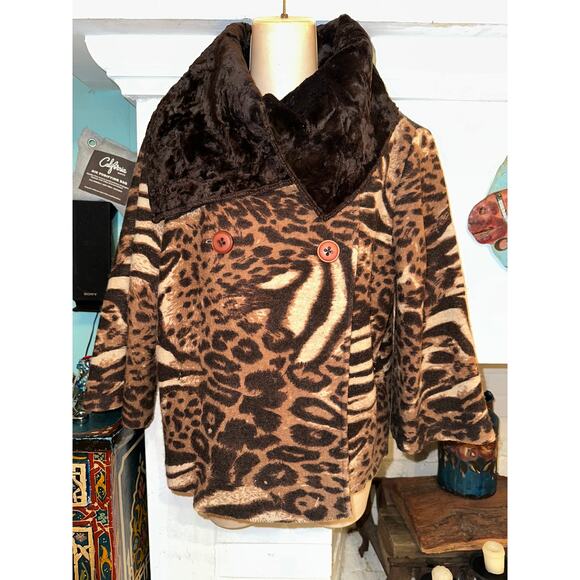 Y2K CULLEN MIXED ANIMAL PRINT LEOPARD SWEATER JACKET WRAP COLLAR S - Picture 1 of 10